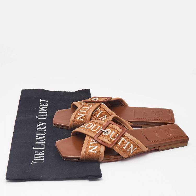 Pre Owned Christian Louboutin Brown Logo Canvas and Leather Crossimule Flat Slides Size 37.5