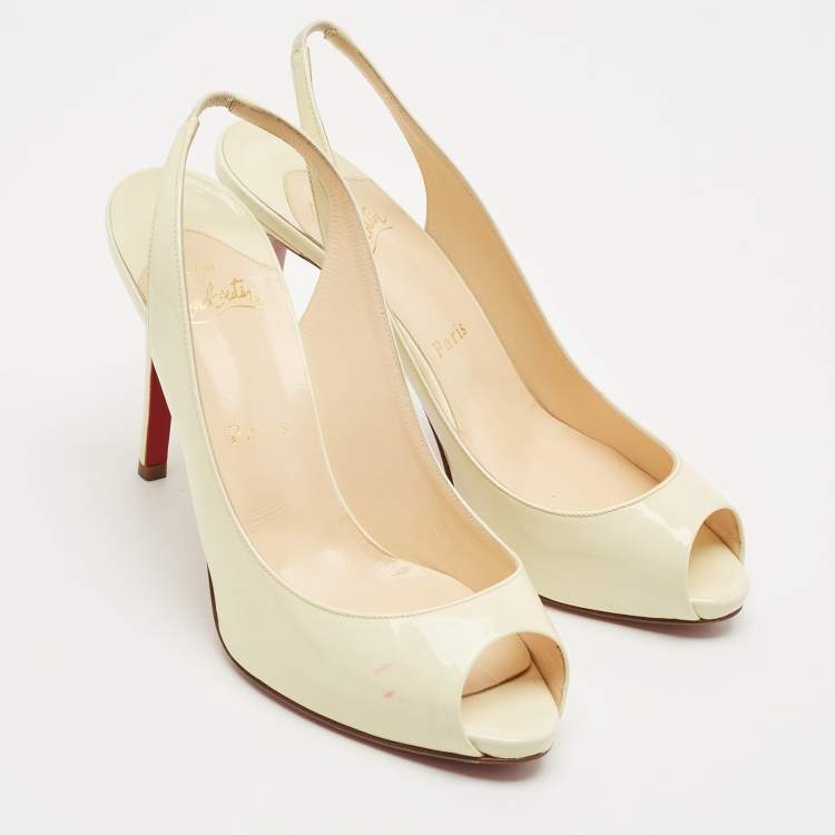 Pre Owned Christian Louboutin Light Cream Patent Leather Flo Slingback Sandals Size 37.5