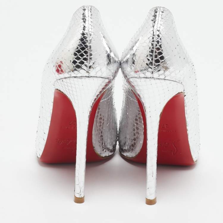 Pre Owned Christian Louboutin Silver Python Flo Peep Toe Pumps Size 37