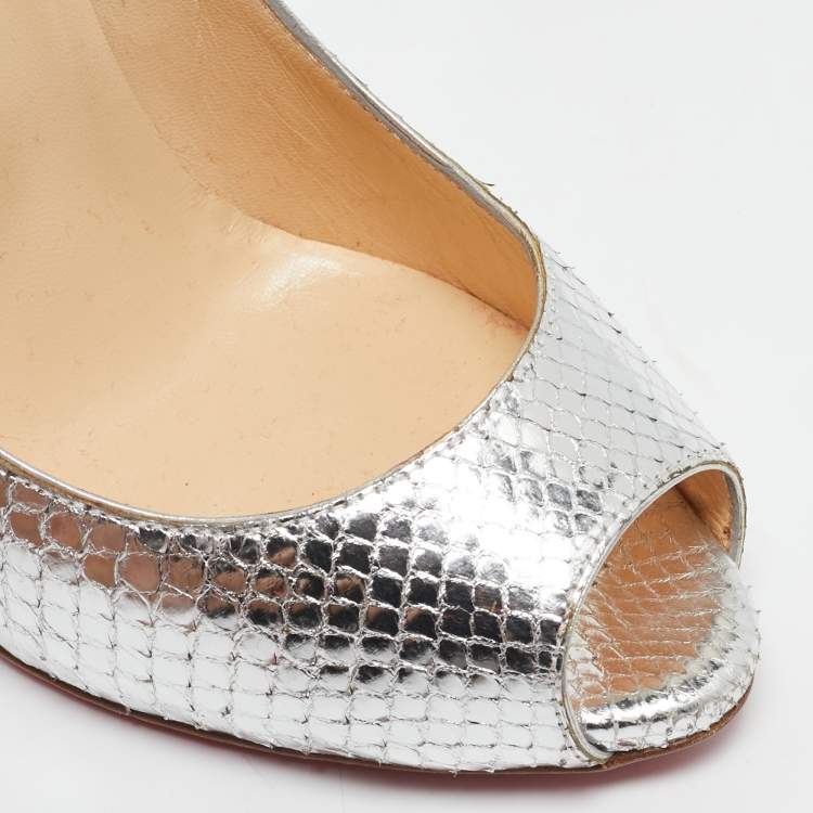 Pre Owned Christian Louboutin Silver Python Flo Peep Toe Pumps Size 37