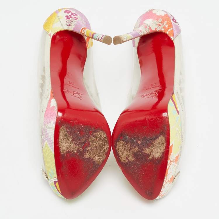Pre Owned Christian Louboutin Multicolor Leather and PVC Fictoire Peep Toe Pumps Size 39