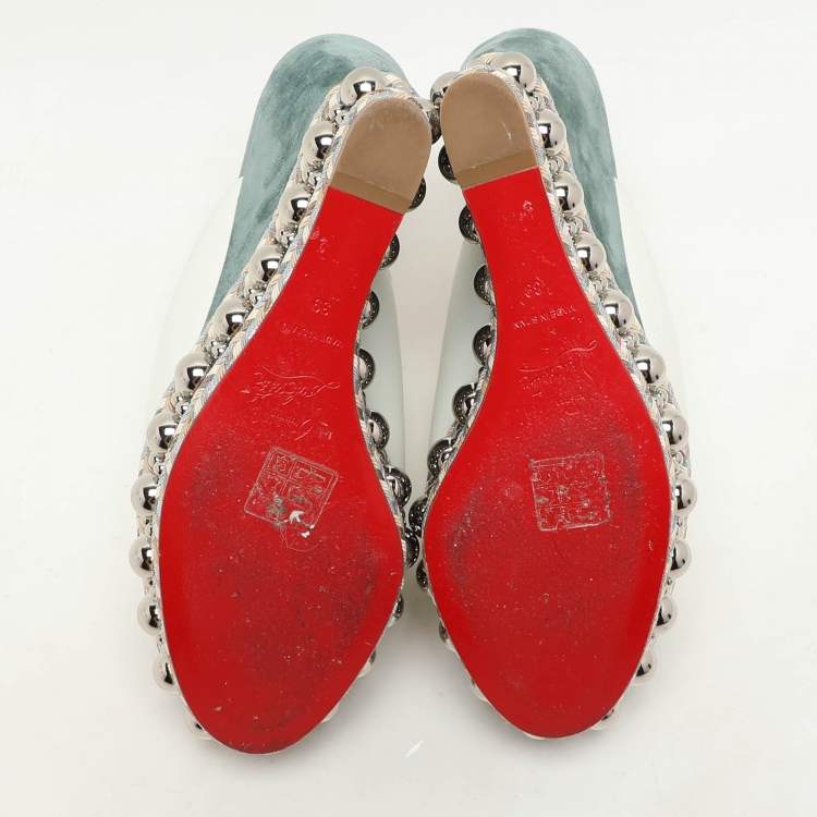 Pre Owned Christian Louboutin White/Green Leather Janibasse Wedge Sandals Size 39