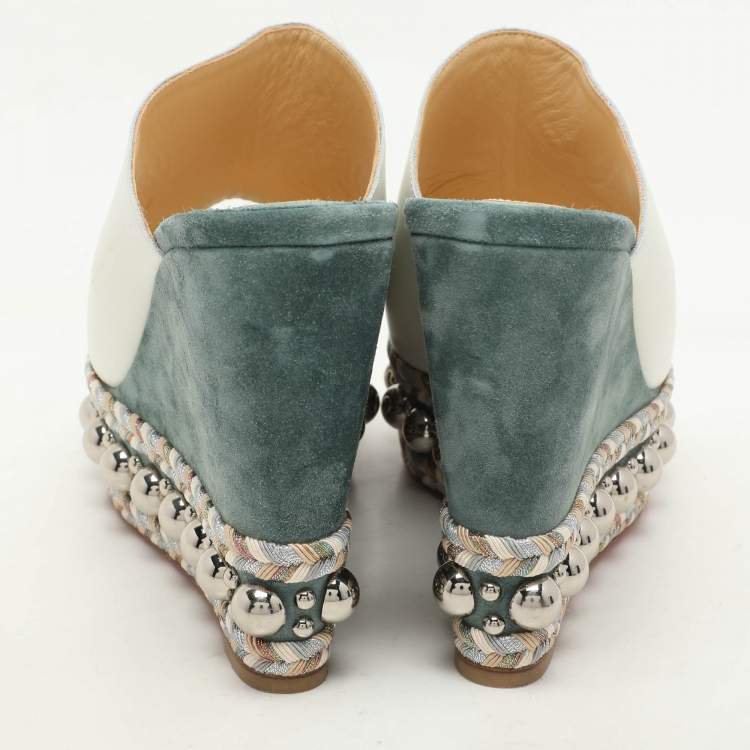 Pre Owned Christian Louboutin White/Green Leather Janibasse Wedge Sandals Size 39