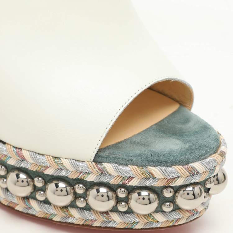 Pre Owned Christian Louboutin White/Green Leather Janibasse Wedge Sandals Size 39