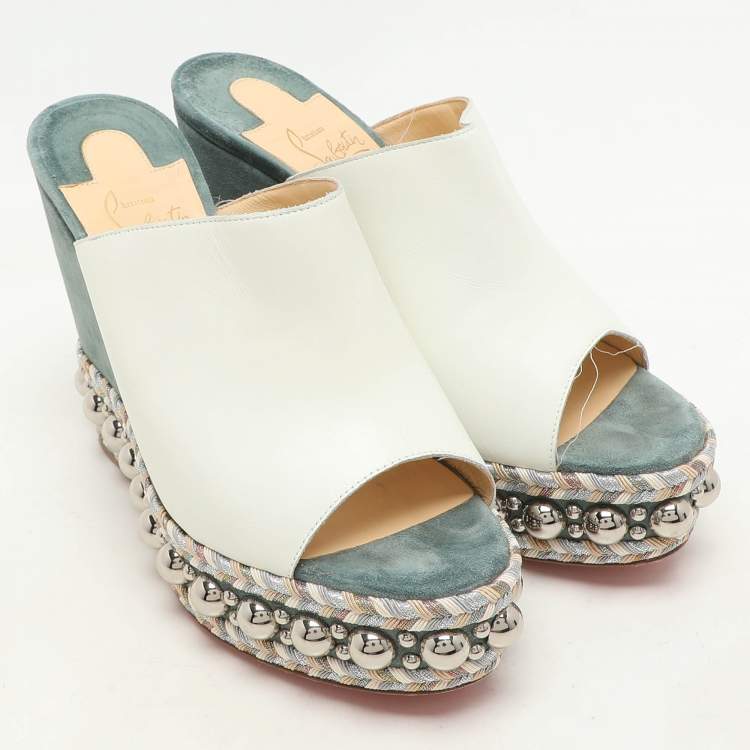 Pre Owned Christian Louboutin White/Green Leather Janibasse Wedge Sandals Size 39