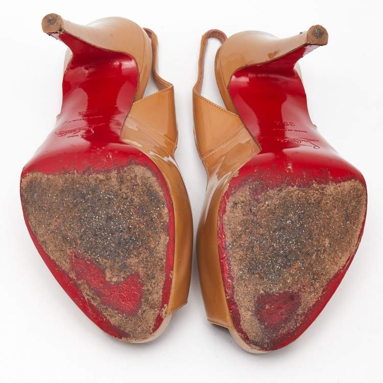 Pre Owned Christian Louboutin Beige Patent Leather Private Number Slingback Pumps Size 35.5