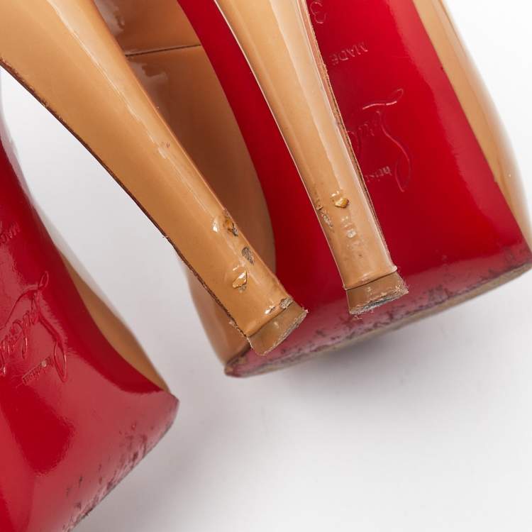 Pre Owned Christian Louboutin Beige Patent Leather Private Number Slingback Pumps Size 35.5
