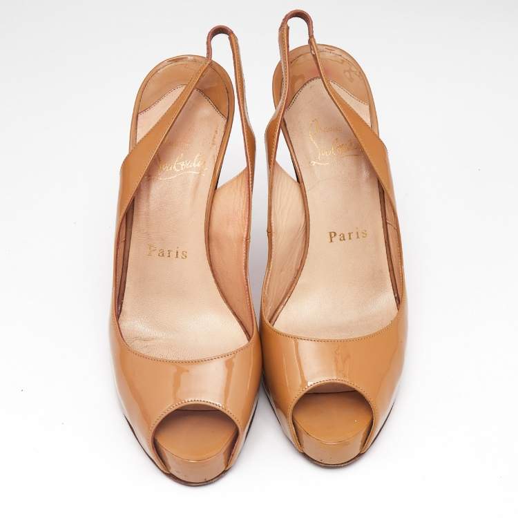 Pre Owned Christian Louboutin Beige Patent Leather Private Number Slingback Pumps Size 35.5