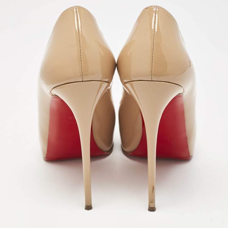 Pre Owned Christian Louboutin Beige Patent Leather Very Prive Peep Toe Platform Pumps Size 38.5