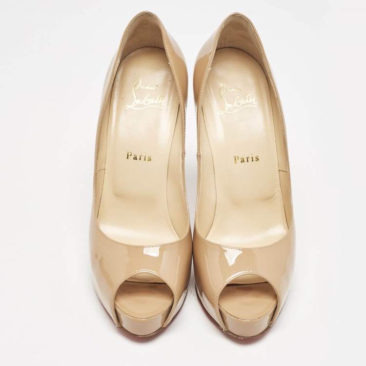Pre Owned Christian Louboutin Beige Patent Leather Very Prive Peep Toe Platform Pumps Size 38.5