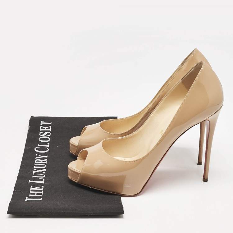 Pre Owned Christian Louboutin Beige Patent Leather Very Prive Peep Toe Platform Pumps Size 38.5