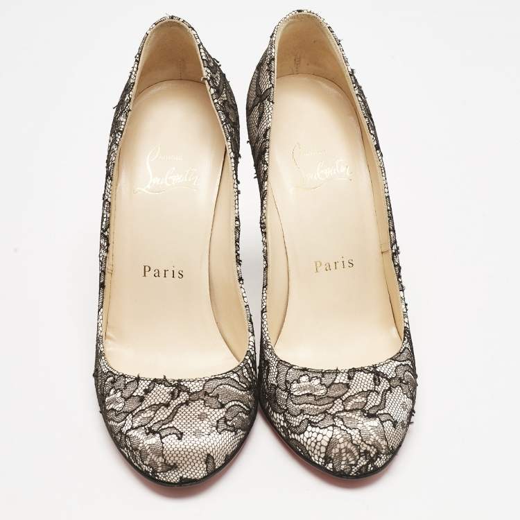 Pre Owned Christian Louboutin Black/Pink Lace and Satin Fifi Pumps Size 35.5