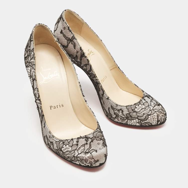Pre Owned Christian Louboutin Black/Pink Lace and Satin Fifi Pumps Size 35.5