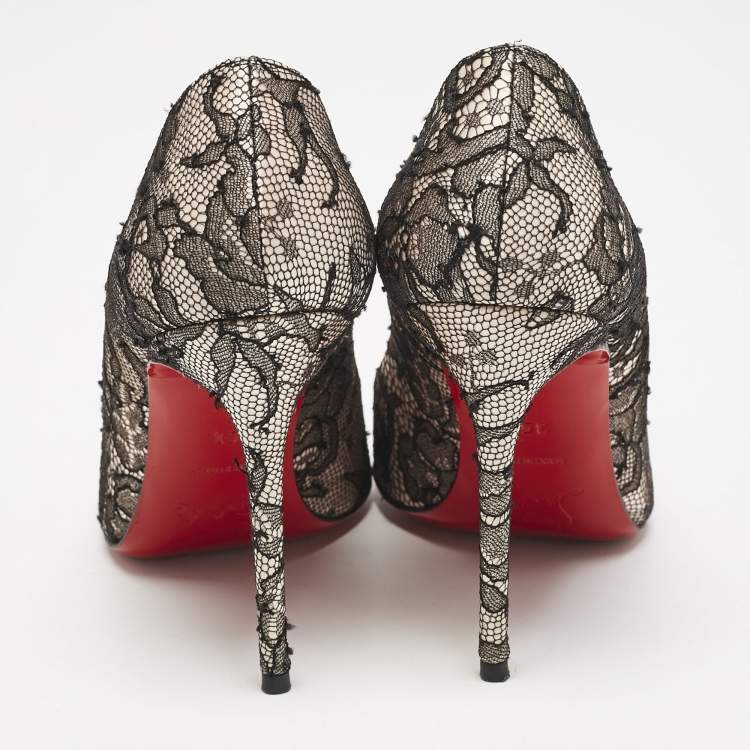 Pre Owned Christian Louboutin Black/Pink Lace and Satin Fifi Pumps Size 35.5