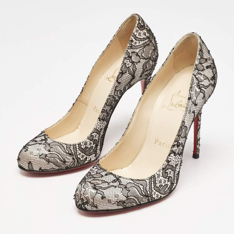 Pre Owned Christian Louboutin Black/Pink Lace and Satin Fifi Pumps Size 35.5