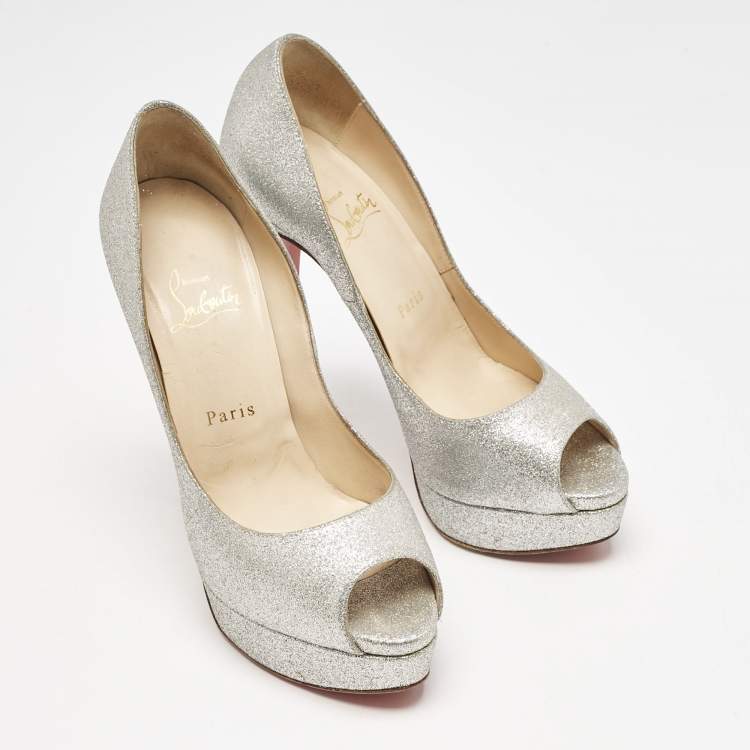Pre Owned Christian Louboutin Metallic Silver Glitter Lady Peep Toe Platform Pumps Size 38