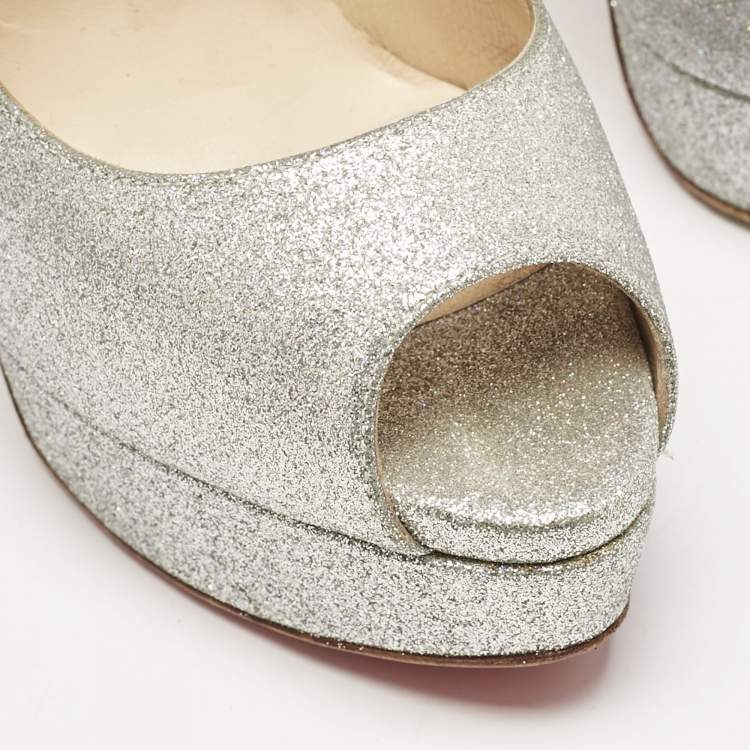 Pre Owned Christian Louboutin Metallic Silver Glitter Lady Peep Toe Platform Pumps Size 38