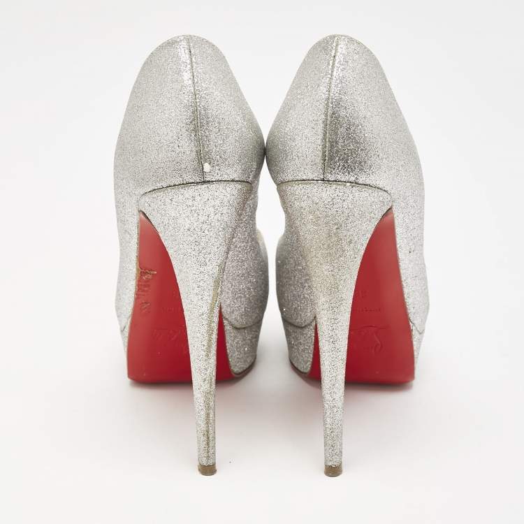 Pre Owned Christian Louboutin Metallic Silver Glitter Lady Peep Toe Platform Pumps Size 38