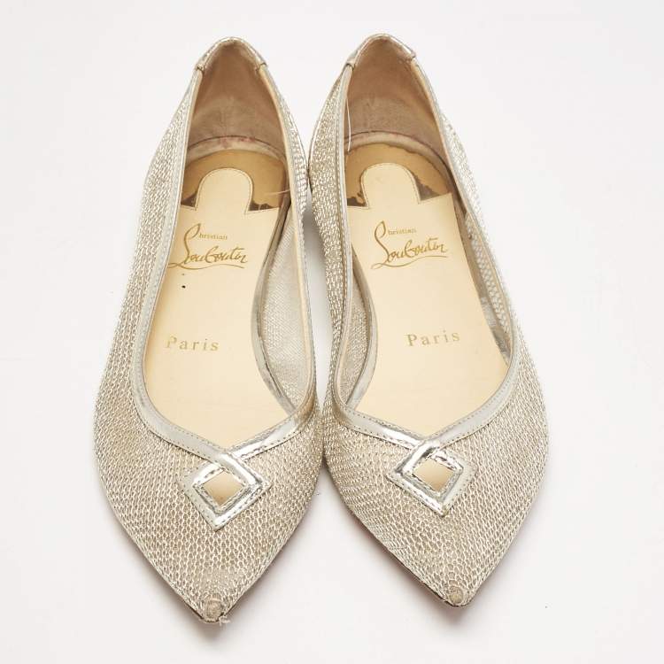 Pre Owned Christian Louboutin Gold Metallic Mesh and Leather Ballet Flats Size 37