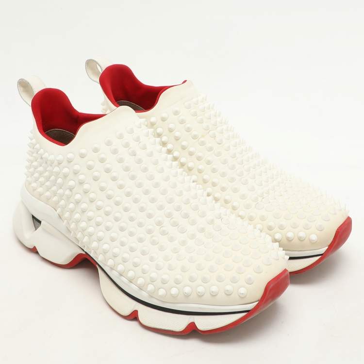 Pre Owned Christian Louboutin White Neoprene Spike Sock Slip On Platform Sneakers Size 39.5