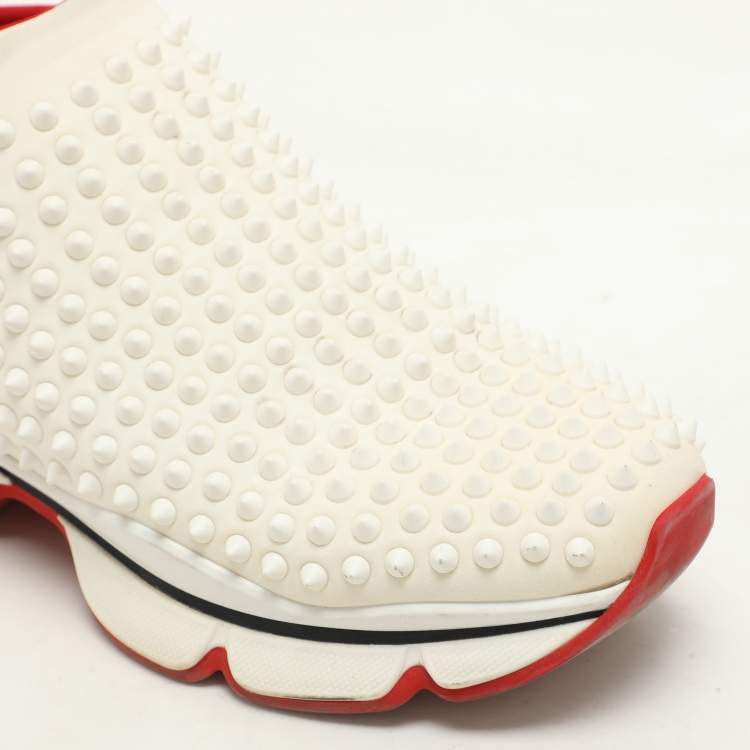 Pre Owned Christian Louboutin White Neoprene Spike Sock Slip On Platform Sneakers Size 39.5