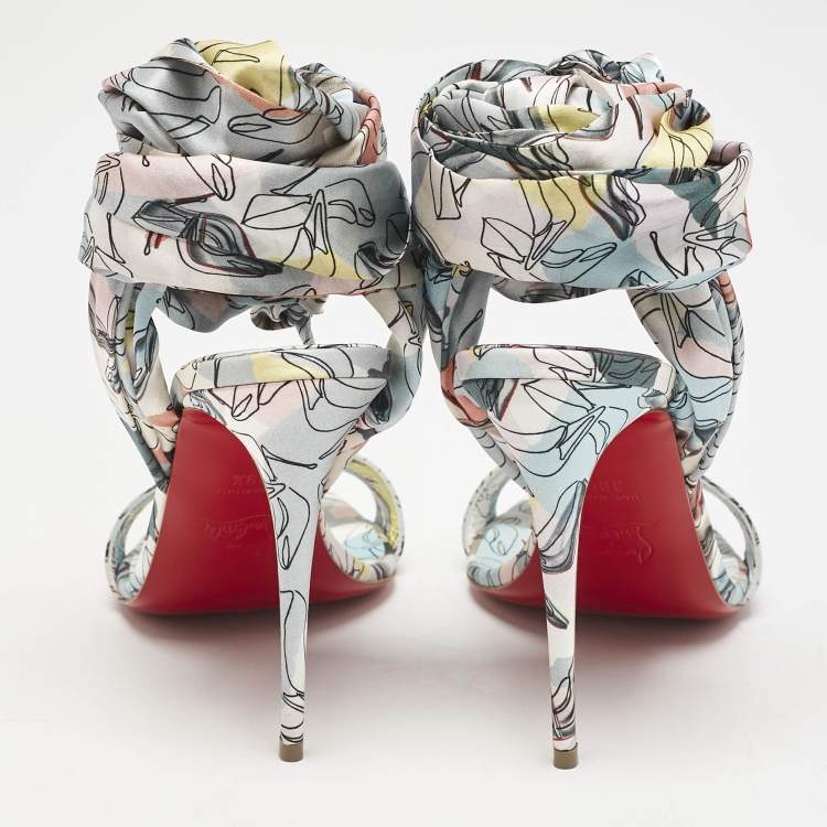 Pre Owned Christian Louboutin Multicolor Printed Satin Du Dessert Sandals Size 39.5
