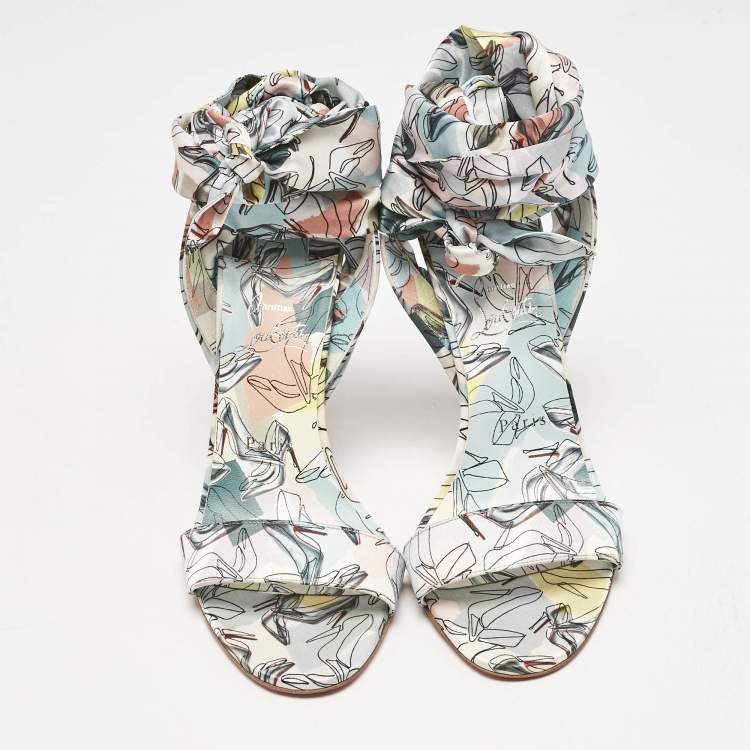 Pre Owned Christian Louboutin Multicolor Printed Satin Du Dessert Sandals Size 39.5