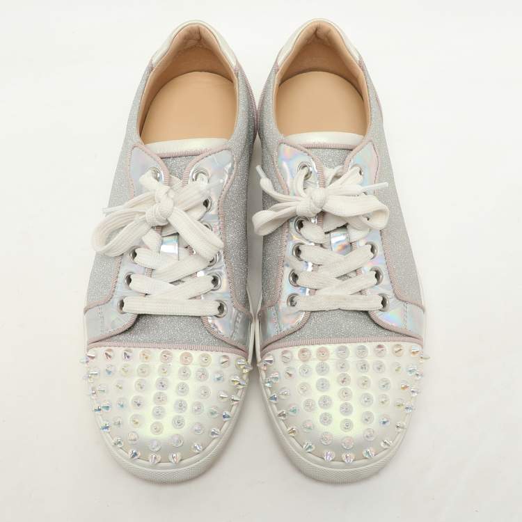 Pre Owned Christian Louboutin Multicolor Iridescent Glitter and Leather Vieira Spike Orlato Low Top Sneakers Size 37.5