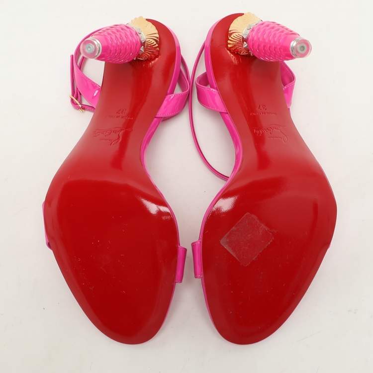 Pre Owned Christian Louboutin Lipgloss Patent Leather Queen Ankle Strap Sandals Size 37