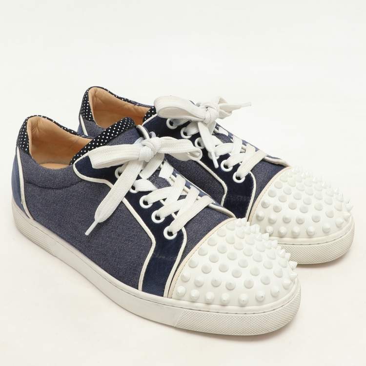 Pre Owned Christian Louboutin Blue/White Denim And Leather Vieira Spikes Low Top Sneakers Size 37