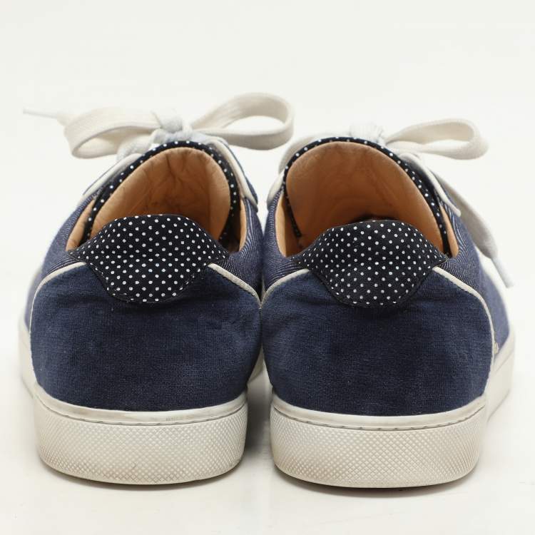 Pre Owned Christian Louboutin Blue/White Denim And Leather Vieira Spikes Low Top Sneakers Size 37