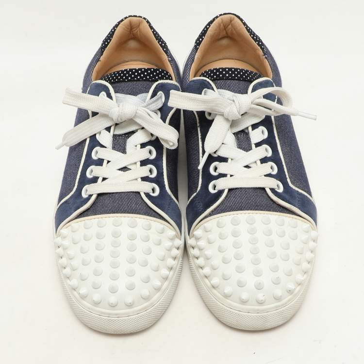 Pre Owned Christian Louboutin Blue/White Denim And Leather Vieira Spikes Low Top Sneakers Size 37
