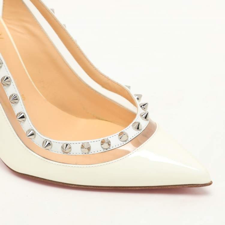 Pre Owned Christian Louboutin Cream Patent Leather and PVC Brigandine Spike Slingback Pumps Size 36.5