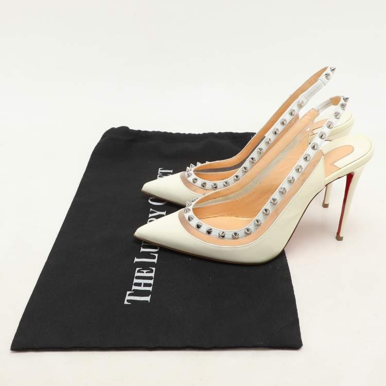 Pre Owned Christian Louboutin Cream Patent Leather and PVC Brigandine Spike Slingback Pumps Size 36.5