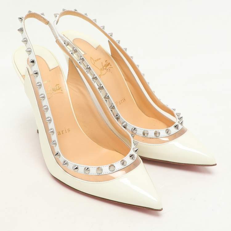 Pre Owned Christian Louboutin Cream Patent Leather and PVC Brigandine Spike Slingback Pumps Size 36.5
