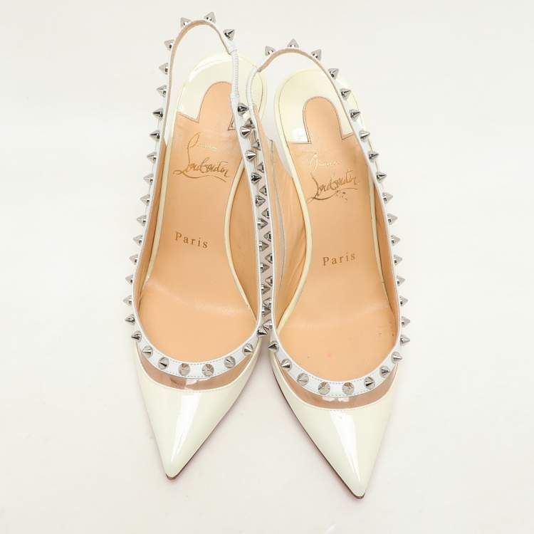 Pre Owned Christian Louboutin Cream Patent Leather and PVC Brigandine Spike Slingback Pumps Size 36.5