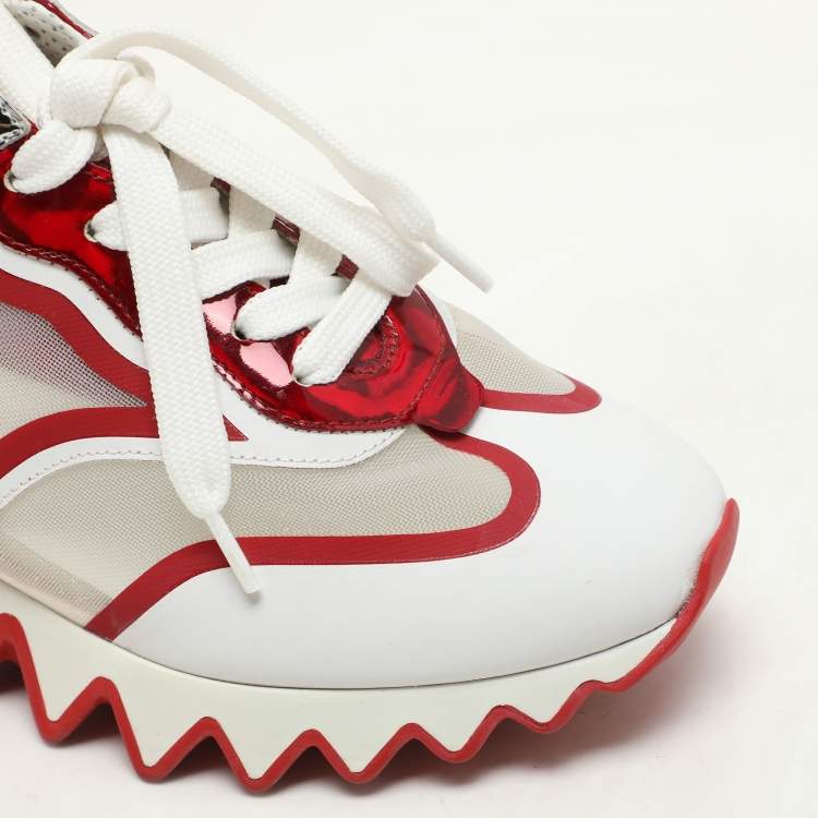 Pre Owned Christian Louboutin White/Red Leather and Mesh Sharkina Low Top Sneakers Size 36.5