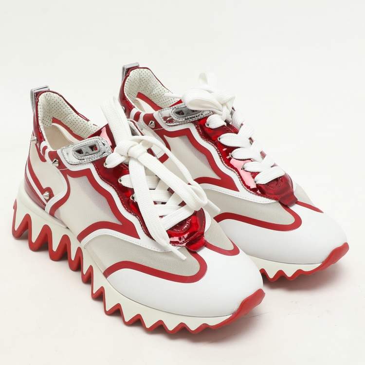 Pre Owned Christian Louboutin White/Red Leather and Mesh Sharkina Low Top Sneakers Size 36.5