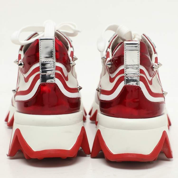 Pre Owned Christian Louboutin White/Red Leather and Mesh Sharkina Low Top Sneakers Size 36.5