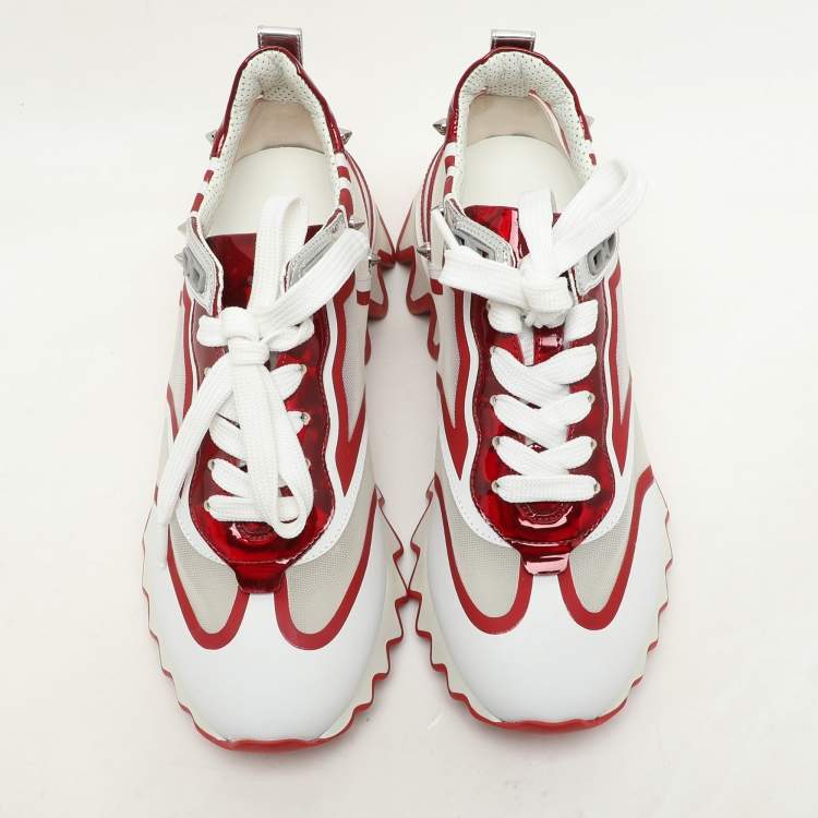 Pre Owned Christian Louboutin White/Red Leather and Mesh Sharkina Low Top Sneakers Size 36.5