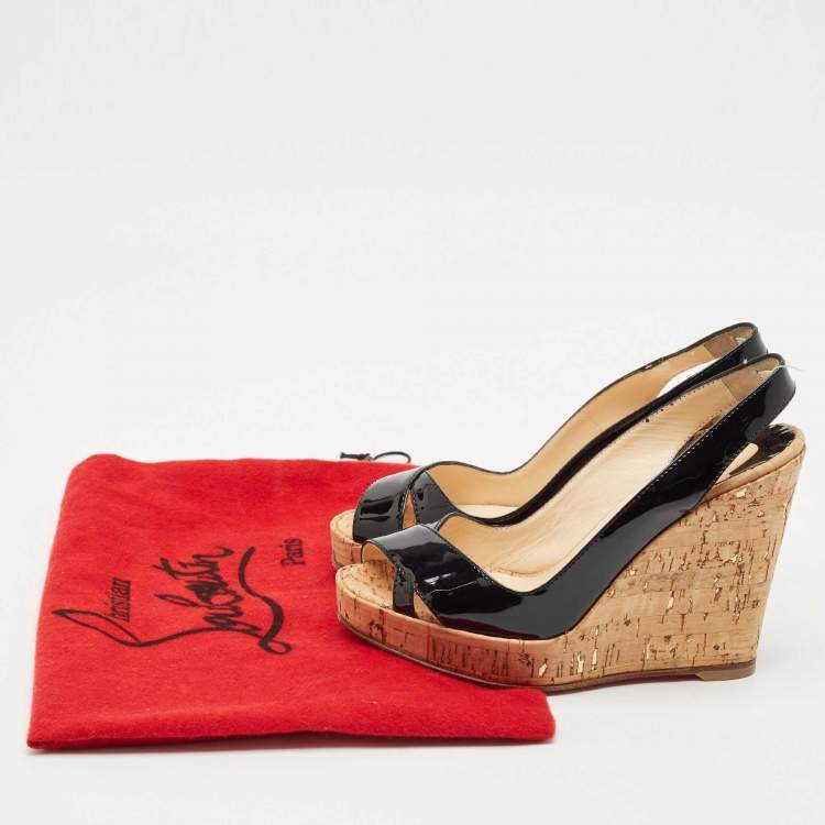Pre Owned Christian Louboutin Black Patent Leather Cork Wedge Sandals Size 36