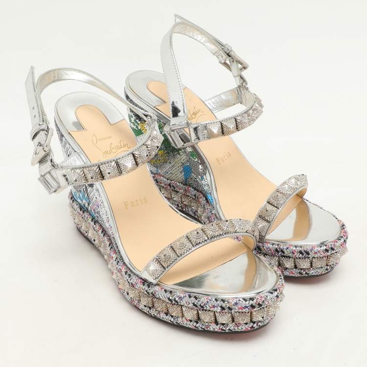 Pre Owned Christian Louboutin Silver Foil Leather Studded Cataclou Espadrille Wedge Sandals 38