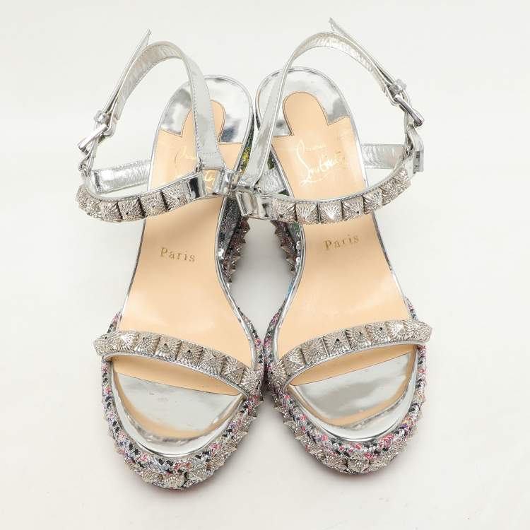 Pre Owned Christian Louboutin Silver Foil Leather Studded Cataclou Espadrille Wedge Sandals 38