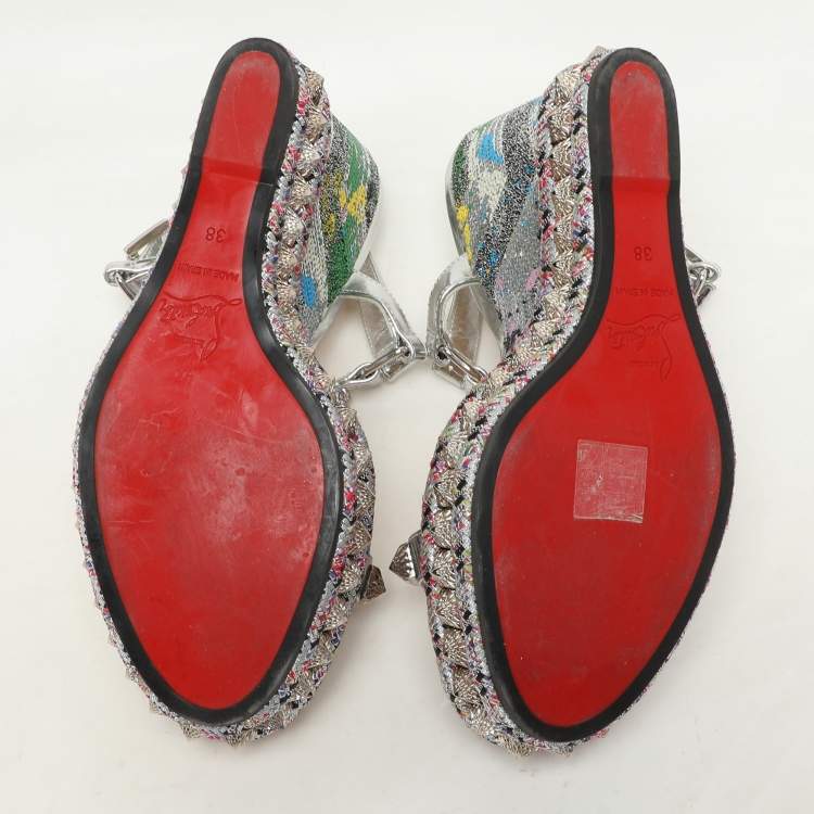 Pre Owned Christian Louboutin Silver Foil Leather Studded Cataclou Espadrille Wedge Sandals 38