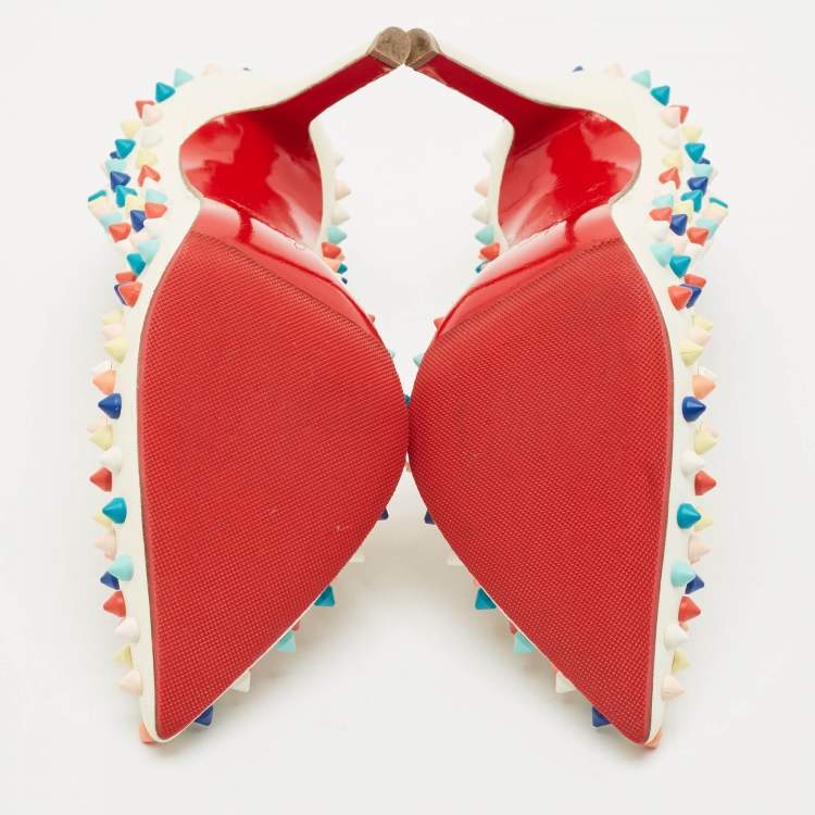 Pre Owned Christian Louboutin White Leather Multicolor Spikes Pigalle Pumps Size 37.5
