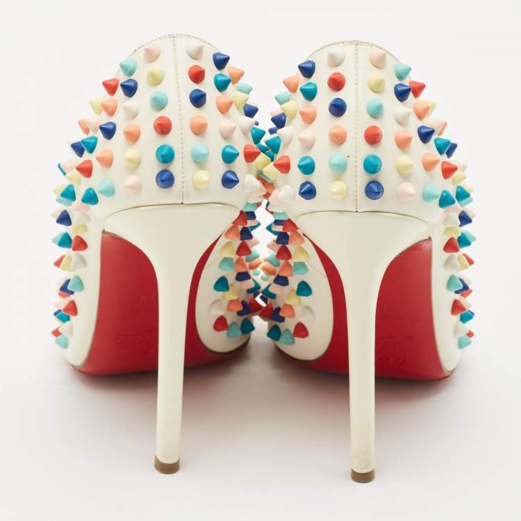 Pre Owned Christian Louboutin White Leather Multicolor Spikes Pigalle Pumps Size 37.5
