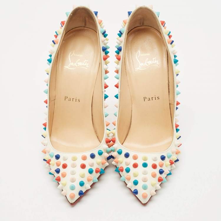 Pre Owned Christian Louboutin White Leather Multicolor Spikes Pigalle Pumps Size 37.5