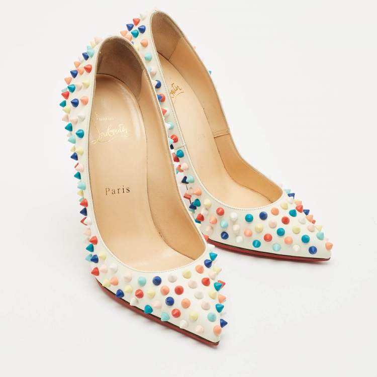 Pre Owned Christian Louboutin White Leather Multicolor Spikes Pigalle Pumps Size 37.5