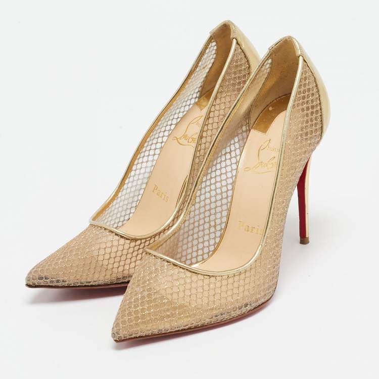 Pre Owned Christian Louboutin Gold Mesh and Patent Leather Follies Resille Pumps Size 36.5