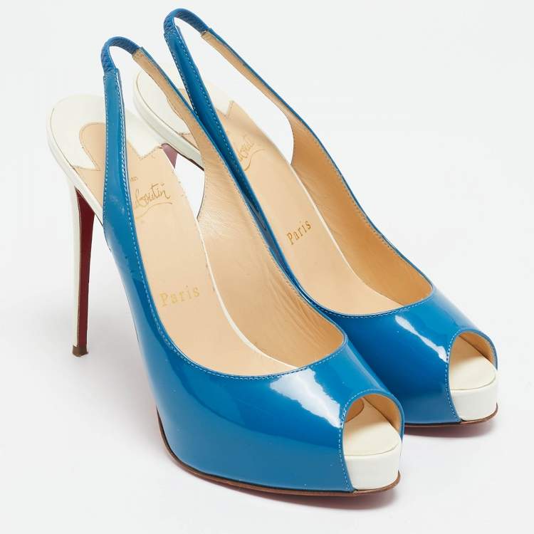 Pre Owned Christian Louboutin Blue/White Patent Leather Private Number Sandals Size 37.5